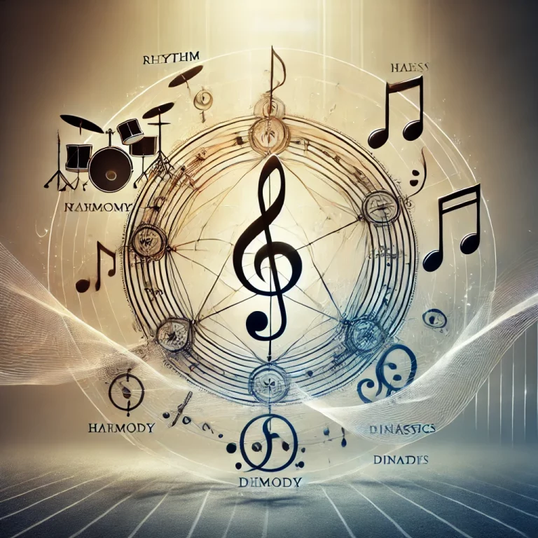 DALL·E 2024-12-17 15.08.14 - A conceptual image representing the elements of music, featuring symbols like the treble clef (𝄞), bass clef (𝄢), musical notes (𝅘𝅥, 𝅘𝅥𝅮), and rests,